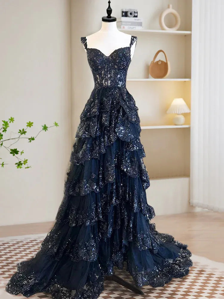 Romantic Ball Gown Sweetheart Corset Tiered Ruffle Sequin Navy Maxi Prom Dress