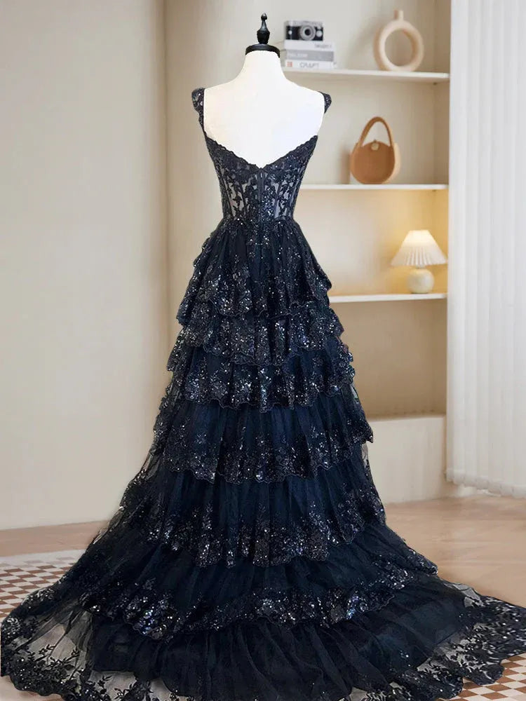 Romantic Ball Gown Sweetheart Corset Tiered Ruffle Sequin Navy Maxi Prom Dress