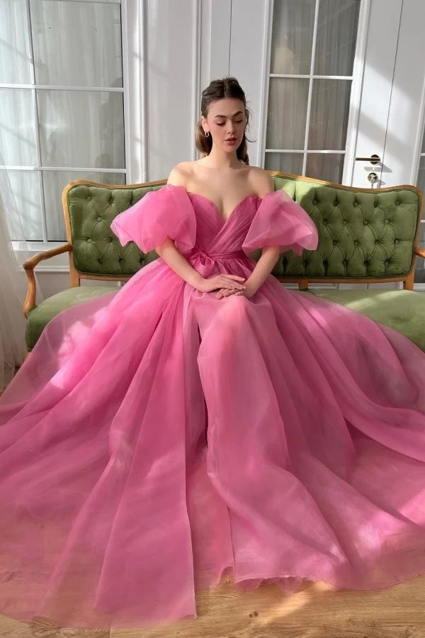 Romantic Ballgown Off-Shoulder Puff Sleeve Pink Train Party Dress