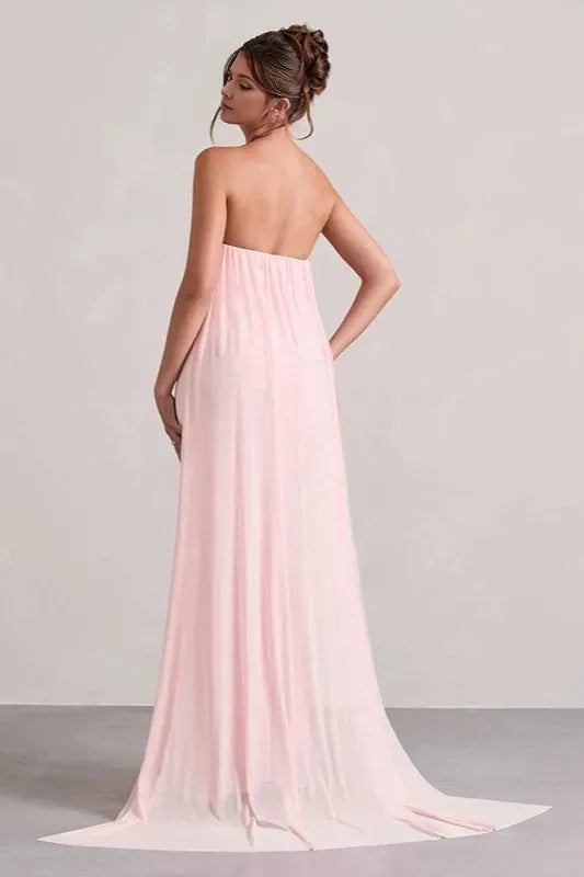 Romantic Black A-Line Off-Shoulder Sleeveless Floral Tie Draped Chiffon Slit Floor-Length Prom Dresses ﻿