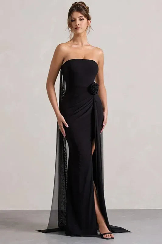 Romantic Black A-Line Off-Shoulder Sleeveless Floral Tie Draped Chiffon Slit Floor-Length Prom Dresses ﻿