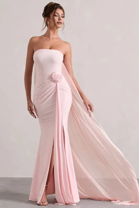 Romantic Black A-Line Off-Shoulder Sleeveless Floral Tie Draped Chiffon Slit Floor-Length Prom Dresses ﻿