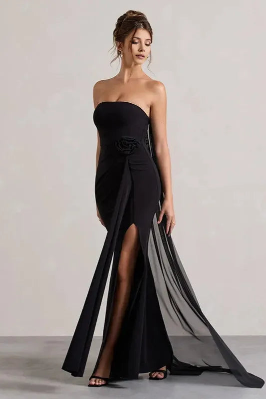 Romantic Black A-Line Off-Shoulder Sleeveless Floral Tie Draped Chiffon Slit Floor-Length Prom Dresses ﻿
