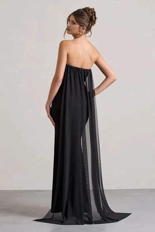 Romantic Black A-Line Off-Shoulder Sleeveless Floral Tie Draped Chiffon Slit Floor-Length Prom Dresses ﻿