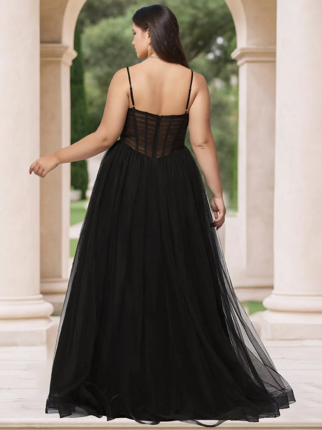 Romantic Black A-Line V-Neck Spaghetti Straps Tulle Sheer Back Zip Slit Floor-Length Plus-Size Prom Dresses with Pleated