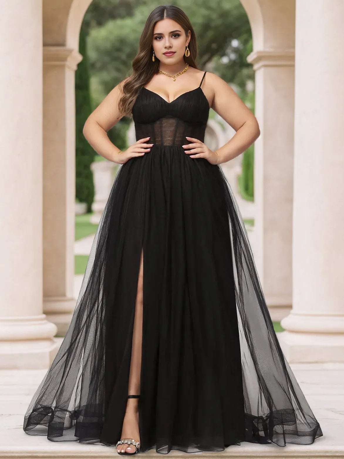 Romantic Black A-Line V-Neck Spaghetti Straps Tulle Sheer Back Zip Slit Floor-Length Plus-Size Prom Dresses with Pleated