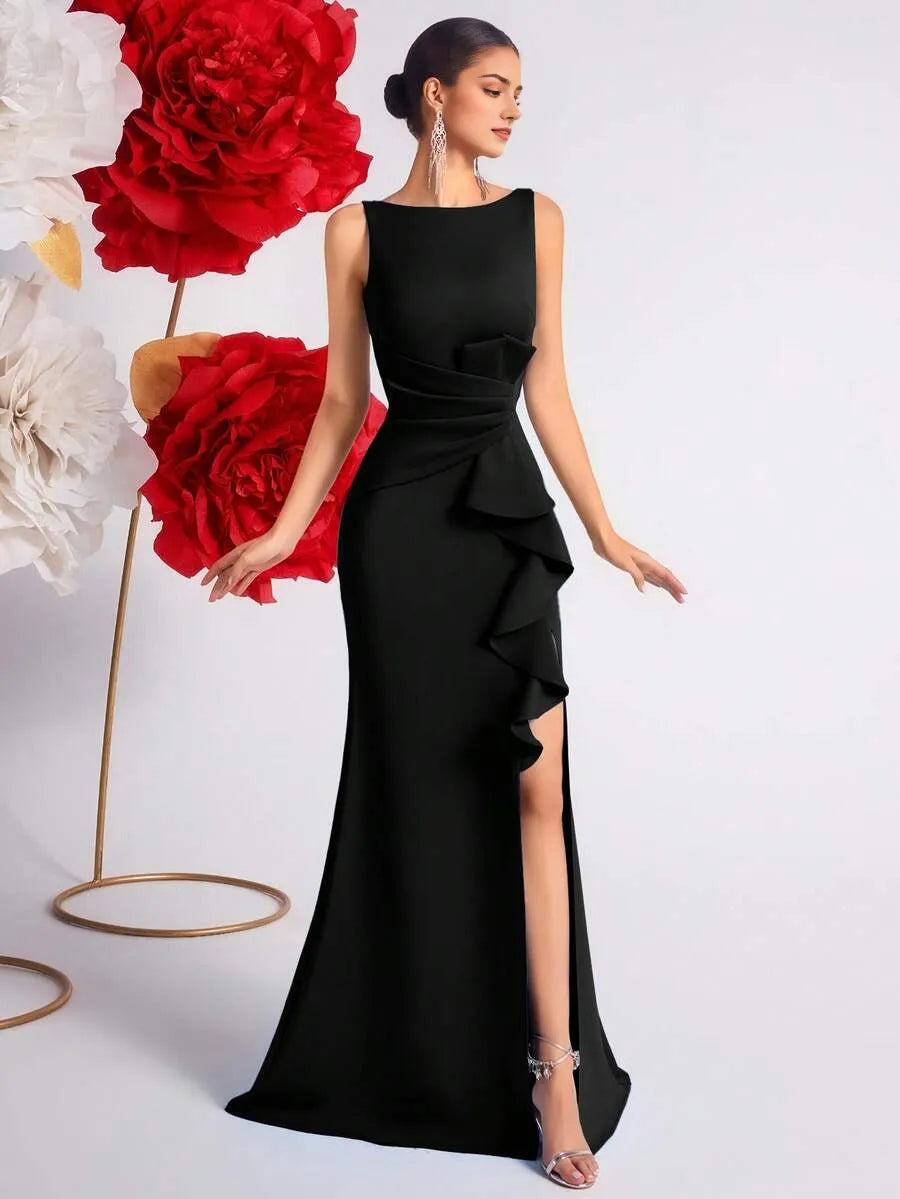 Romantic Burgundy Mermaid V Neck Sleeveless Deep V-Back Floor-Length Ruffled Bodice High Slit Prom Dress