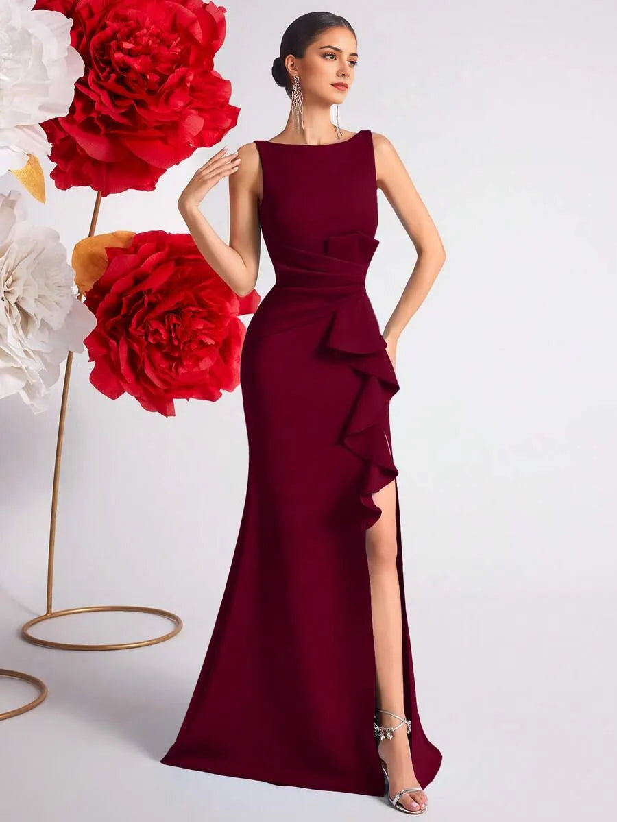Romantic Burgundy Mermaid V Neck Sleeveless Deep V-Back Floor-Length Ruffled Bodice High Slit Prom Dress