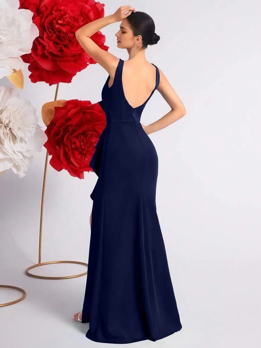 Romantic Burgundy Mermaid V Neck Sleeveless Deep V-Back Floor-Length Ruffled Bodice High Slit Prom Dress