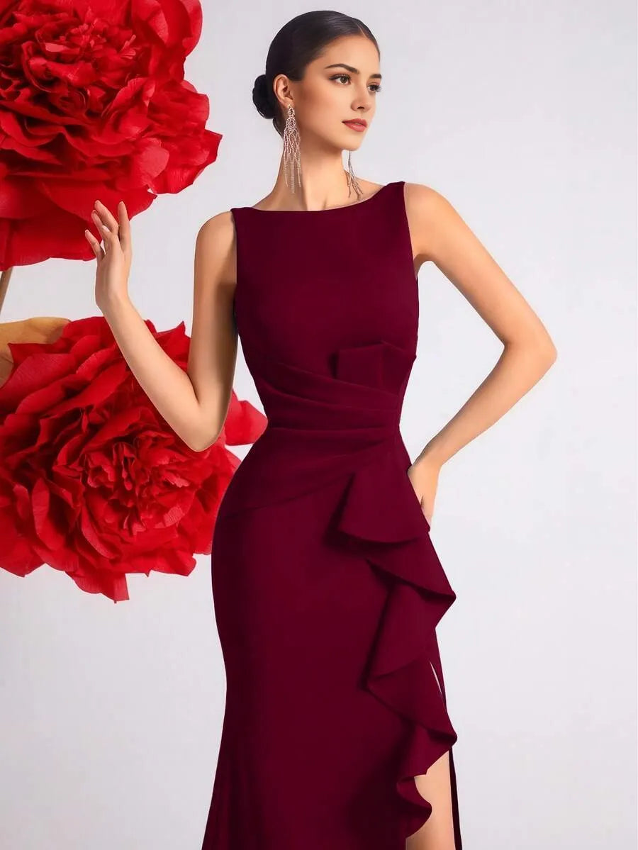 Romantic Burgundy Mermaid V Neck Sleeveless Deep V-Back Floor-Length Ruffled Bodice High Slit Prom Dress