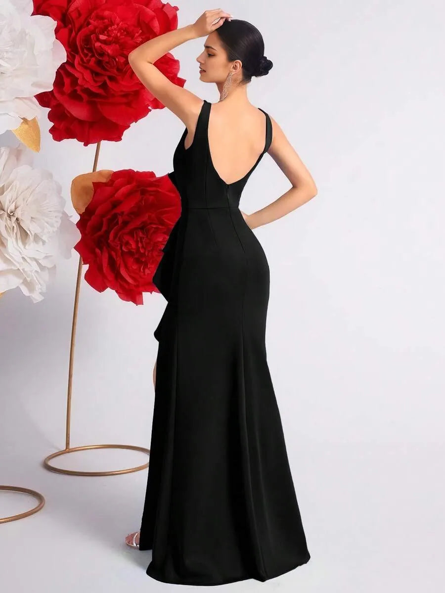 Romantic Burgundy Mermaid V Neck Sleeveless Deep V-Back Floor-Length Ruffled Bodice High Slit Prom Dress