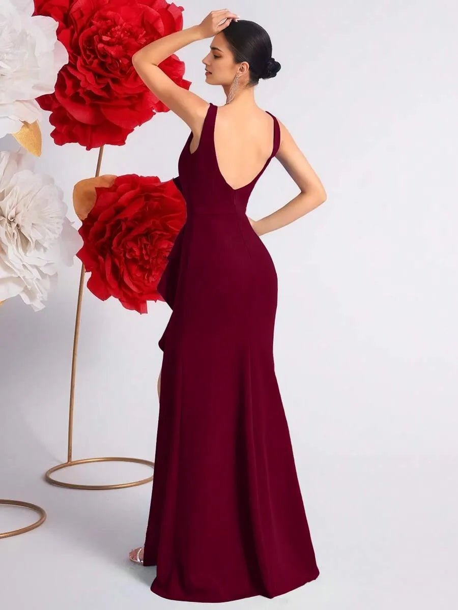 Romantic Burgundy Mermaid V Neck Sleeveless Deep V-Back Floor-Length Ruffled Bodice High Slit Prom Dress
