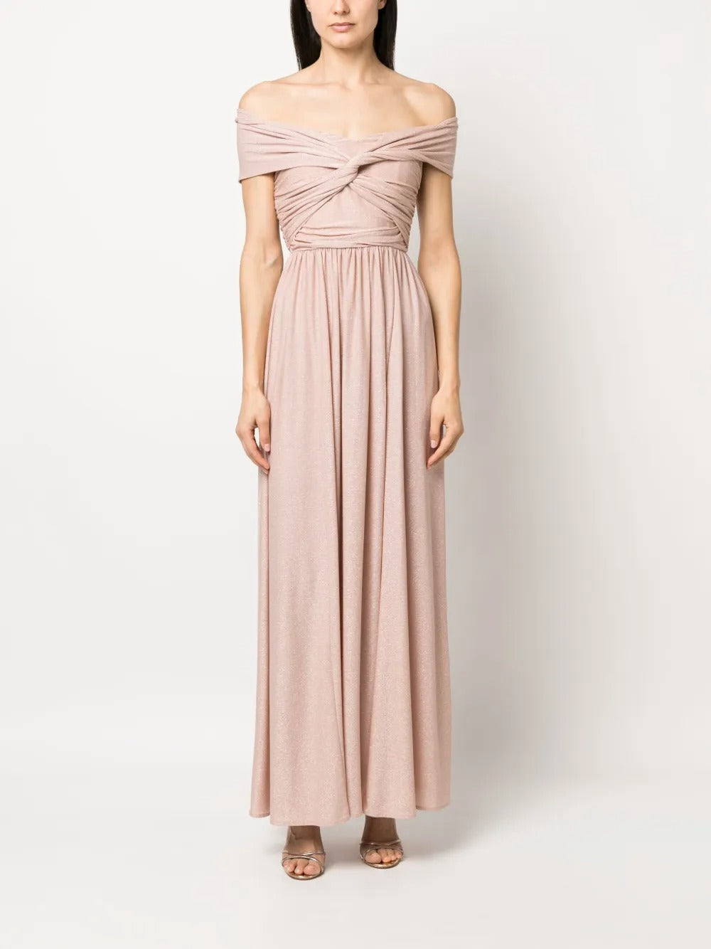 Romantic Blush Metallic Knit Off-the-Shoulder Evening Dress
