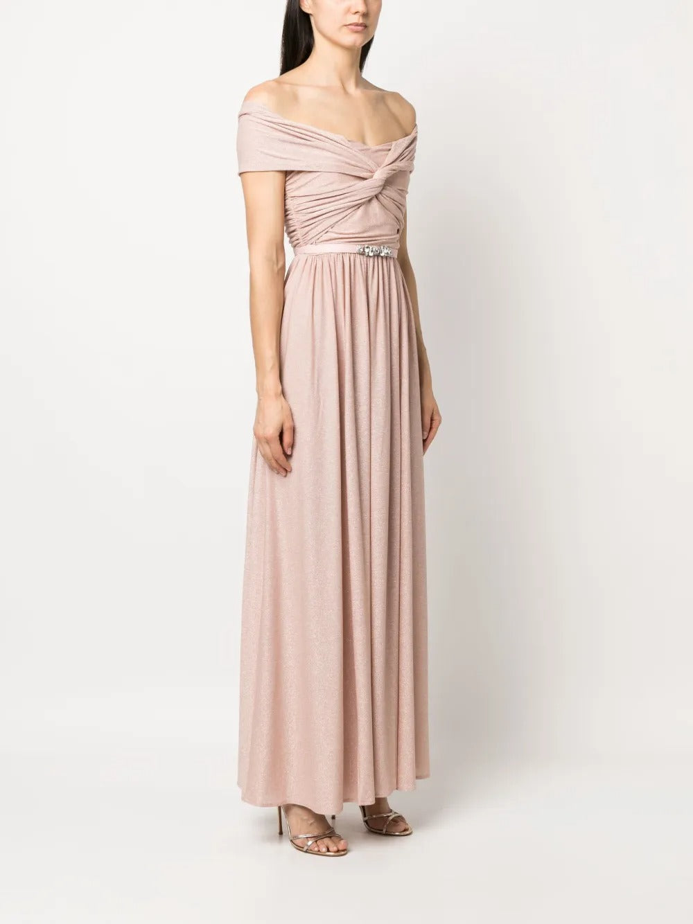 Romantic Blush Metallic Knit Off-the-Shoulder Evening Dress