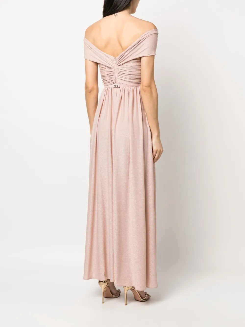 Romantic Blush Metallic Knit Off-the-Shoulder Evening Dress