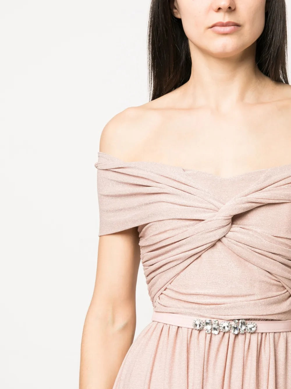 Romantic Blush Metallic Knit Off-the-Shoulder Evening Dress