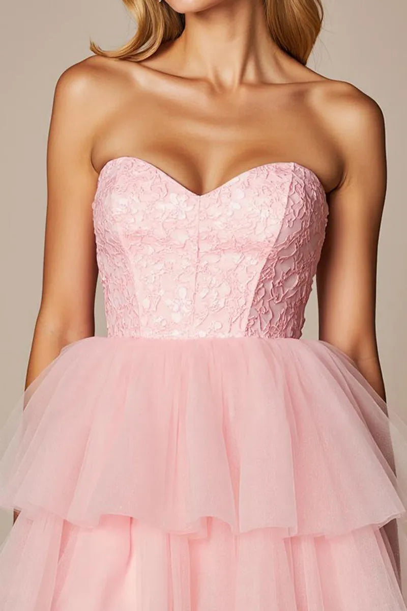 Romantic Blush Pink Tulle and Lace Strapless Homecoming Dress with Tiered Skirt
