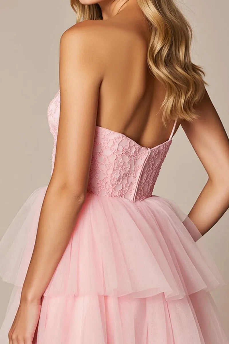 Romantic Blush Pink Tulle and Lace Strapless Homecoming Dress with Tiered Skirt
