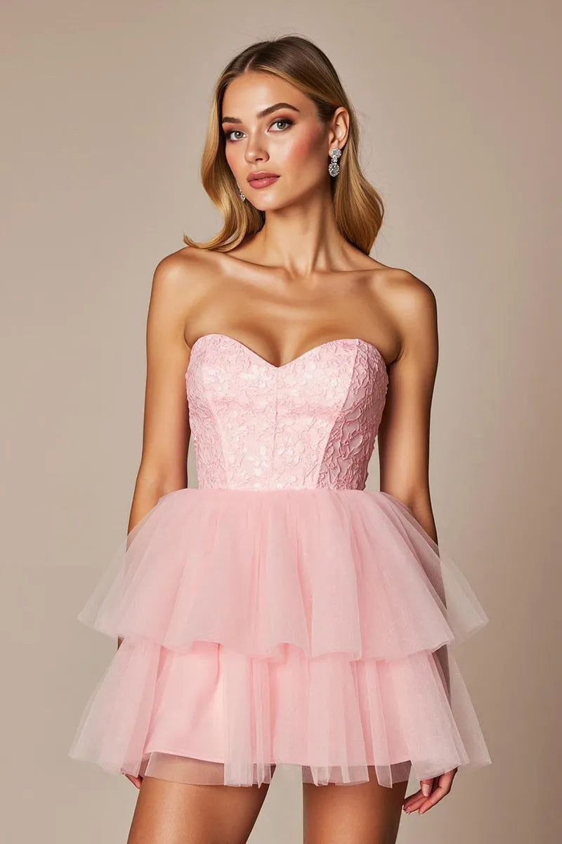 Romantic Blush Pink Tulle and Lace Strapless Homecoming Dress with Tiered Skirt
