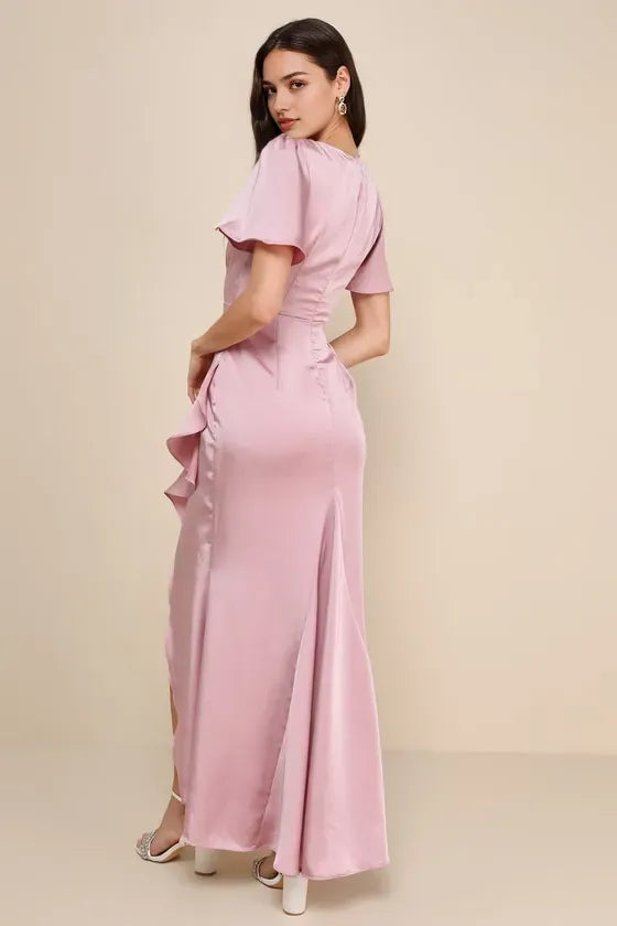 Romantic Blush Satin Prom Gown with Flutter Sleeves Plunging V Neckline and Asymmetric Ruffled High Slit Skirt for a Memorable Prom