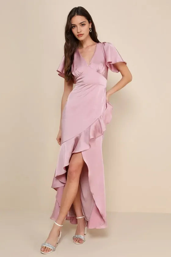 Romantic Blush Satin Prom Gown with Flutter Sleeves Plunging V Neckline and Asymmetric Ruffled High Slit Skirt for a Memorable Prom