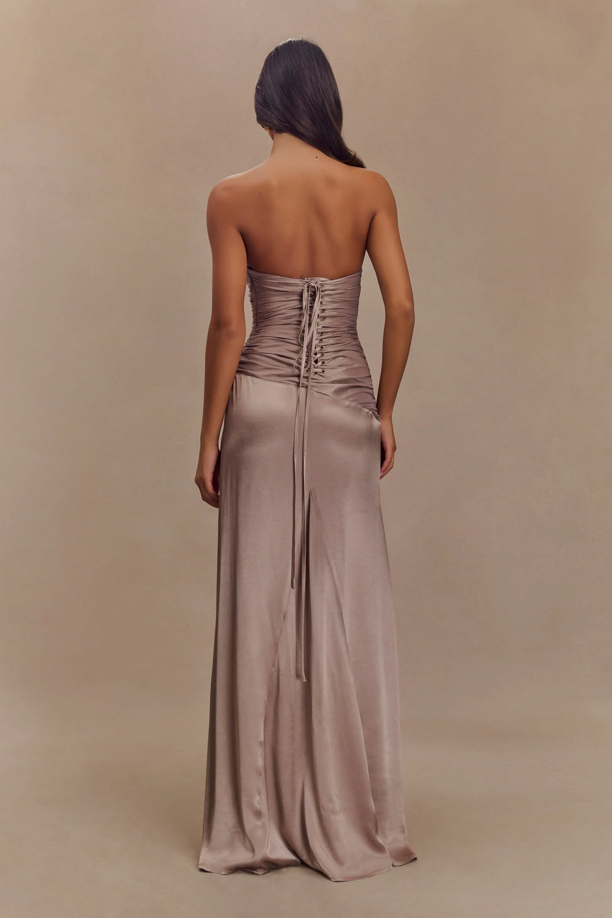 Romantic Bronze Taupe Sheath Strapless Sleeveless Ruched Bodice Lace-Up Back Satin Floor-Length Prom Dresses