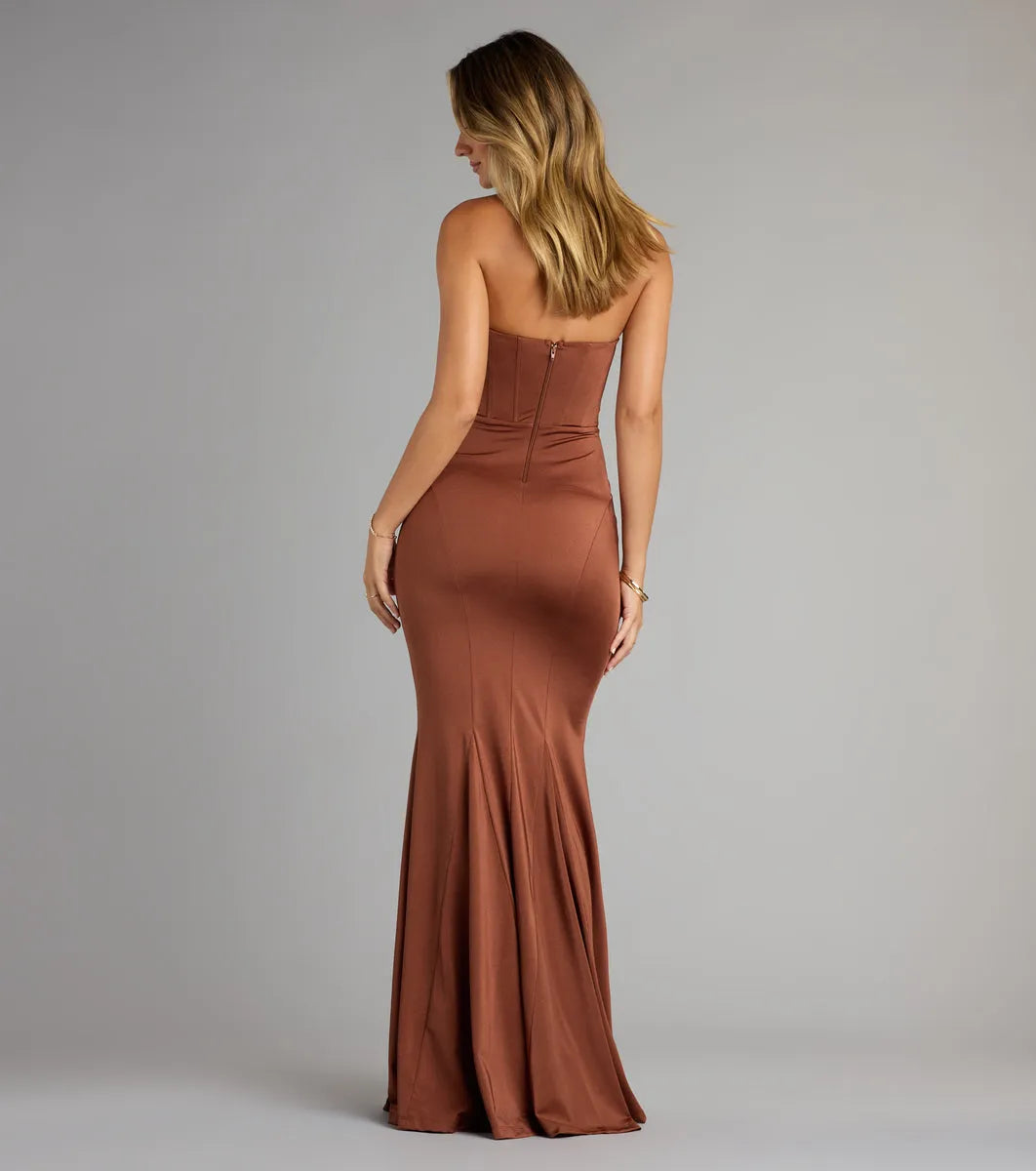 Romantic Brown Mermaid Strapless Neck Sleeveless Back Zip Floor-Length Satin Prom Dresses with Ruched Bodice ﻿