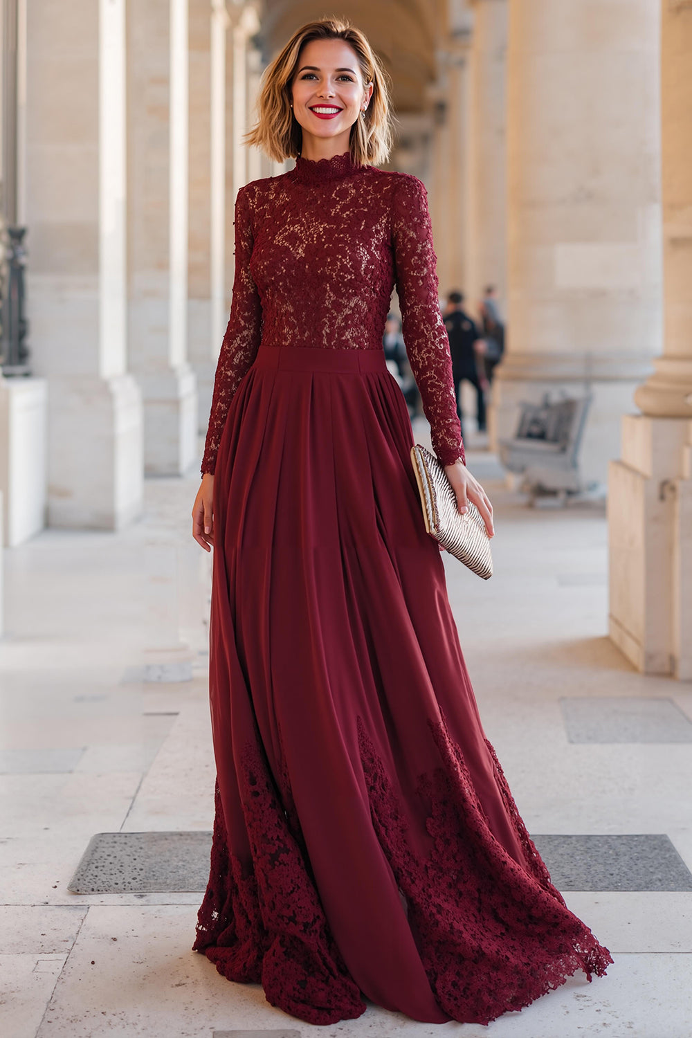 Romantic Burgundy A-Line High Neck Long-Sleeve Chiffon Back Zip Floor-Length Mother Of The Bride Dresses with Lace
