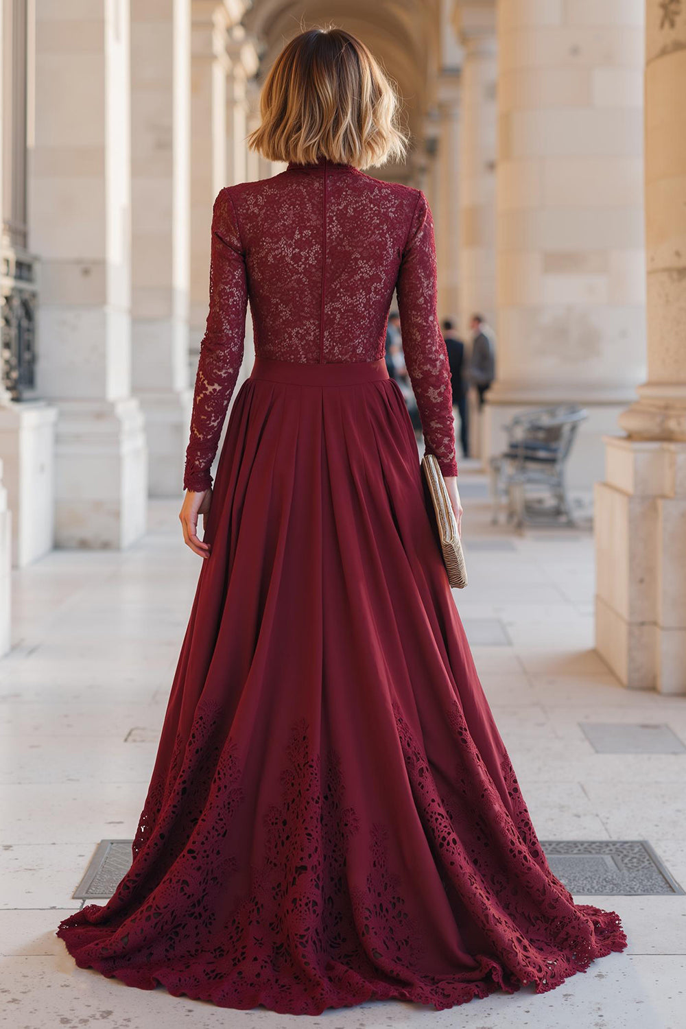 Romantic Burgundy A-Line High Neck Long-Sleeve Chiffon Back Zip Floor-Length Mother Of The Bride Dresses with Lace