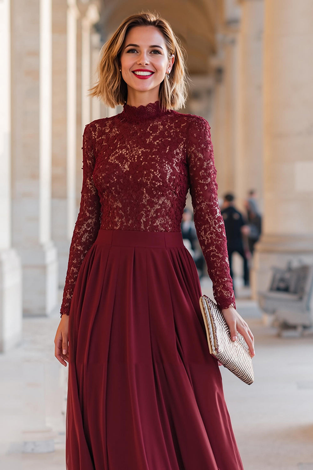 Romantic Burgundy A-Line High Neck Long-Sleeve Chiffon Back Zip Floor-Length Mother Of The Bride Dresses with Lace