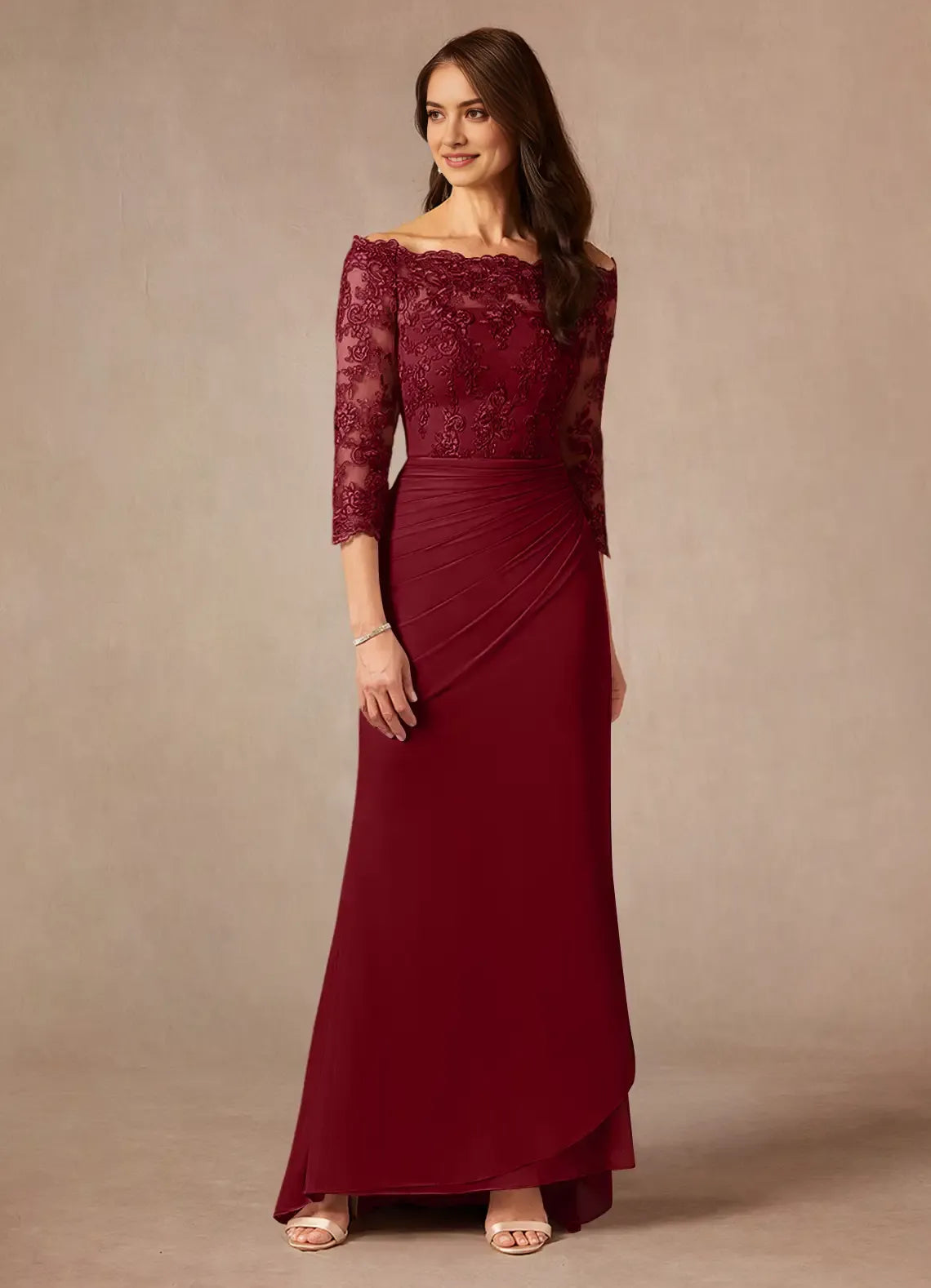 Romantic Burgundy Mermaid Off the Shoulder Mesh Mother of the Bride Dress Delicate Off - Shoulder Neckline Soft Sheer Lace Sleeves Draped Chiffon Accents Graceful Ruffled Skirt  ﻿