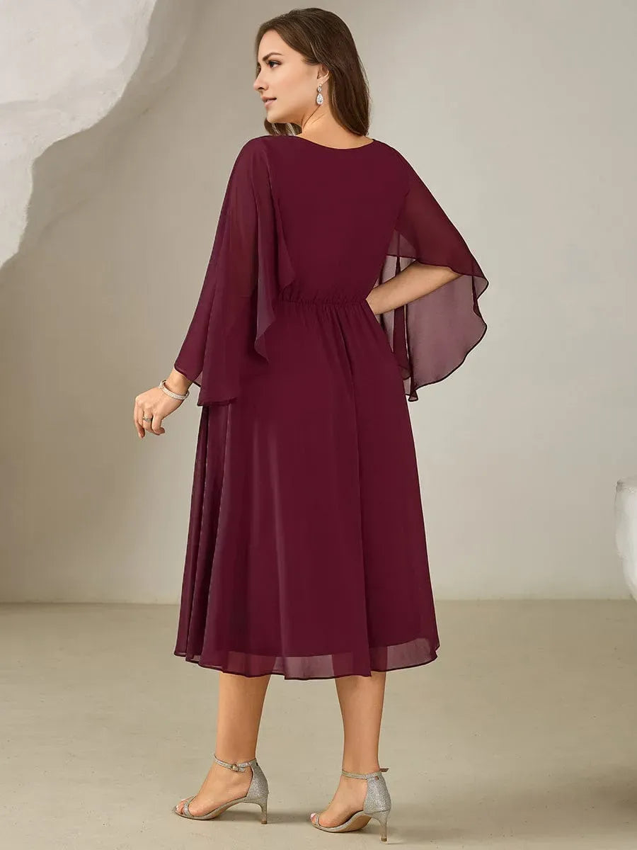 Romantic Burgundy Plus-Size A-Line Deep V-Neck 3/4 Sleeve Tea-Length Ruched Bodice Chiffon Prom Dresses