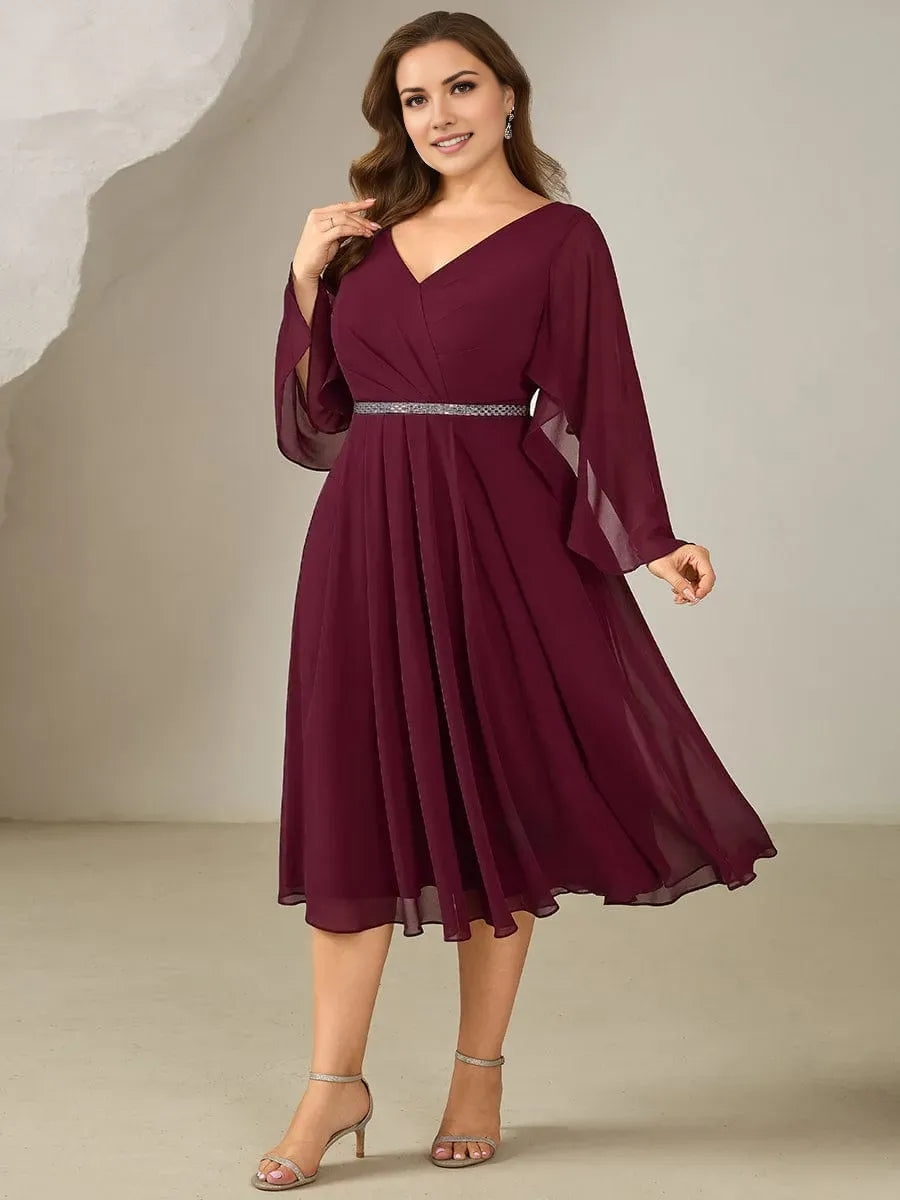 Romantic Burgundy Plus-Size A-Line Deep V-Neck 3/4 Sleeve Tea-Length Ruched Bodice Chiffon Prom Dresses
