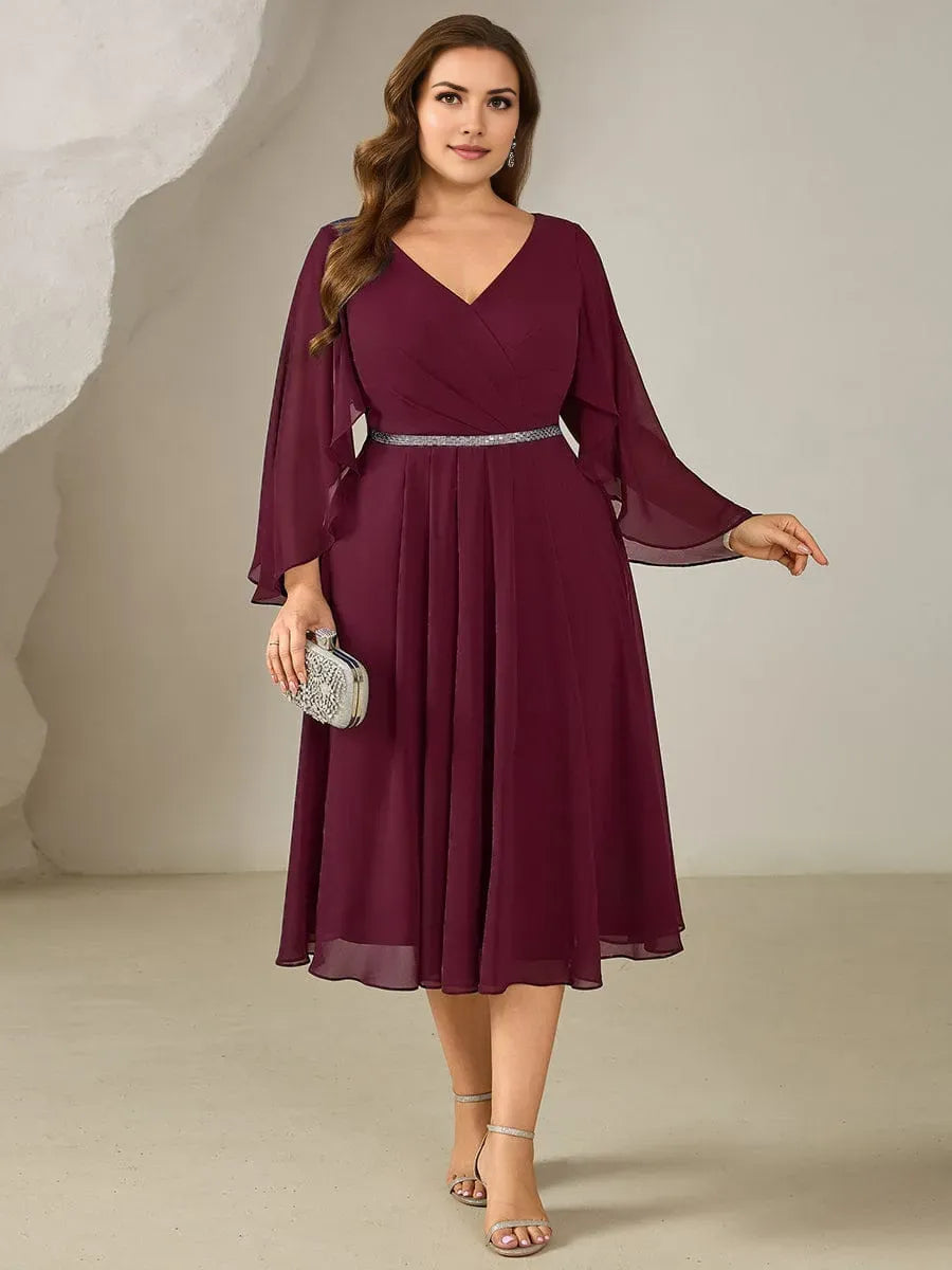 Romantic Burgundy Plus-Size A-Line Deep V-Neck 3/4 Sleeve Tea-Length Ruched Bodice Chiffon Prom Dresses