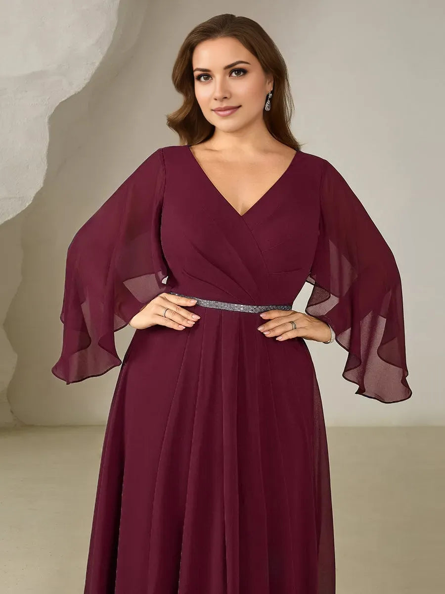 Romantic Burgundy Plus-Size A-Line Deep V-Neck 3/4 Sleeve Tea-Length Ruched Bodice Chiffon Prom Dresses