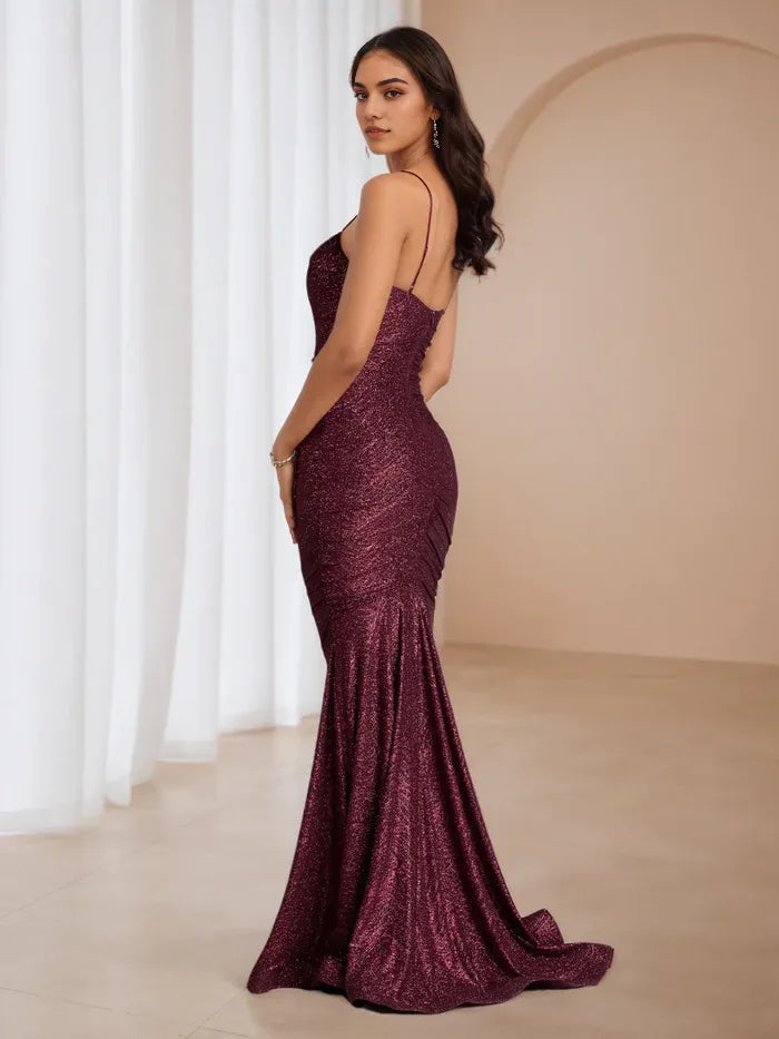 Romantic Burgundy Sparkle Prom Gown Cowl Neck Spaghetti Straps Mermaid Fit for Dreamy Events
