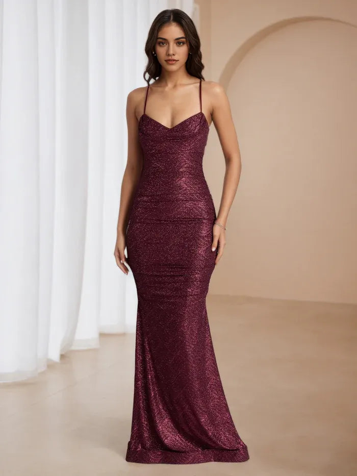 Romantic Burgundy Sparkle Prom Gown Cowl Neck Spaghetti Straps Mermaid Fit for Dreamy Events