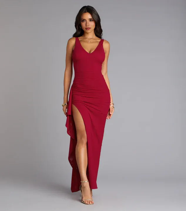 Romantic Burgundy V-Neck Sleeveless Back Zip Ruffled  Mermaid  Side Leg Slit Prom Dress hot sale