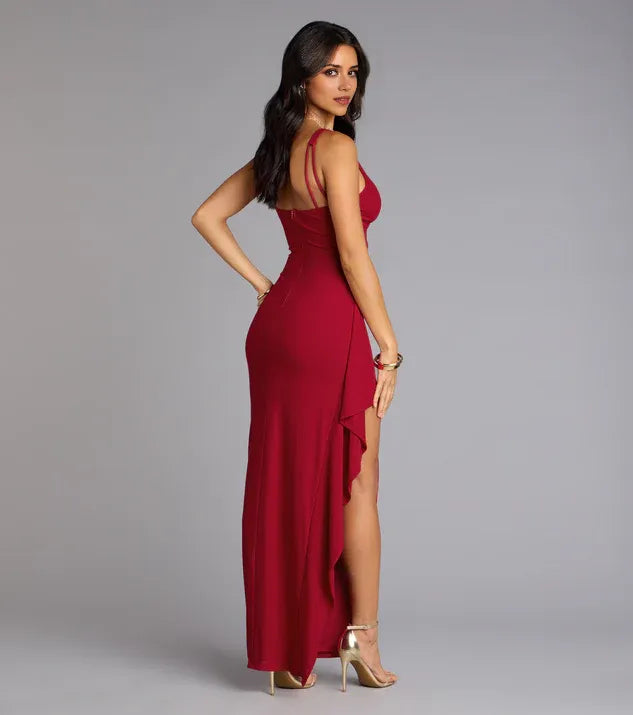 Romantic Burgundy V-Neck Sleeveless Back Zip Ruffled  Mermaid  Side Leg Slit Prom Dress hot sale