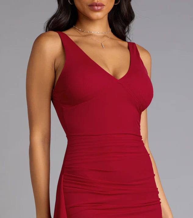 Romantic Burgundy V-Neck Sleeveless Back Zip Ruffled  Mermaid  Side Leg Slit Prom Dress hot sale
