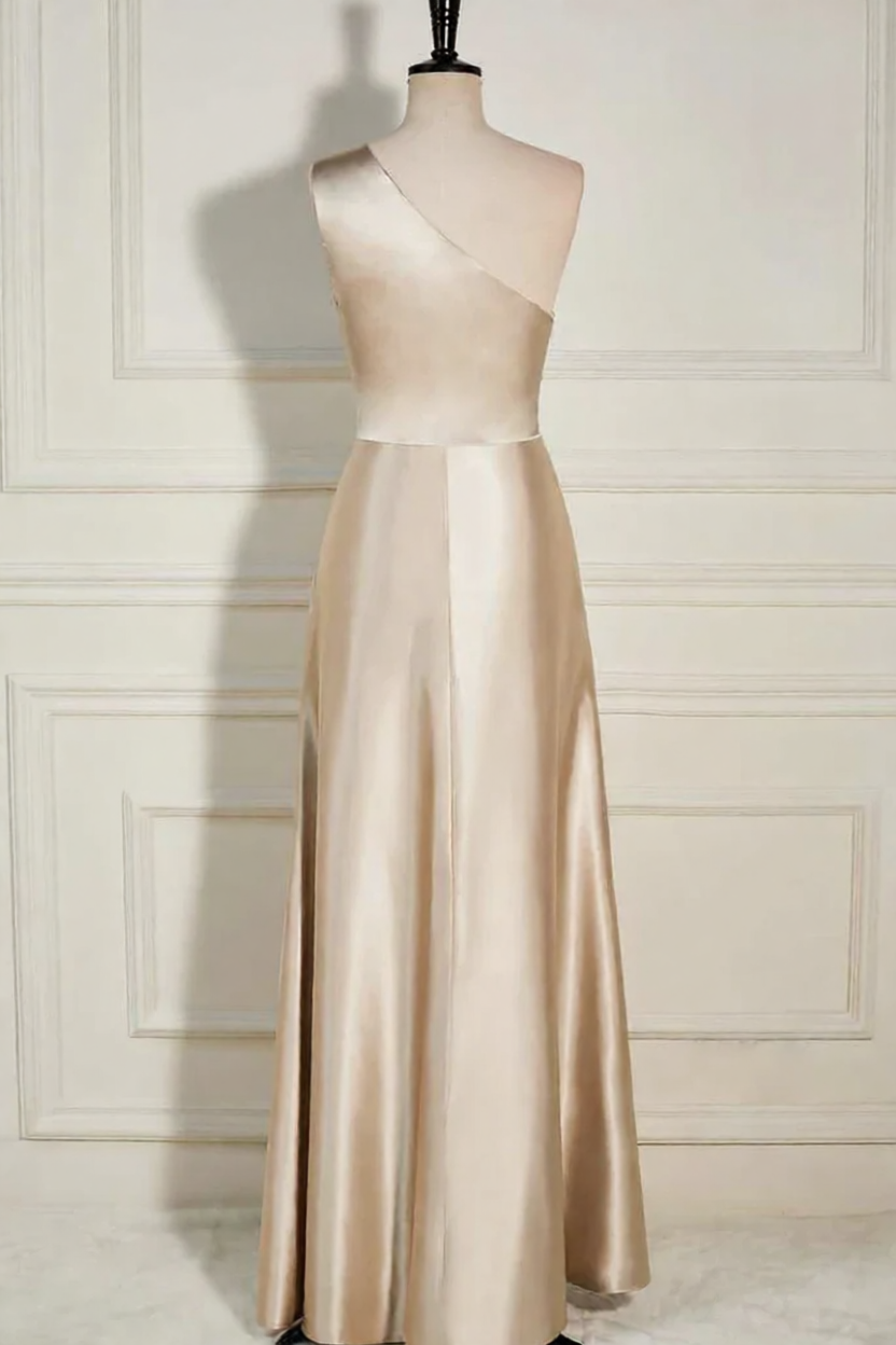 Romantic Champagne  A-Line One-Shoulder Sleeveless Floor-Length Slit Prom Dresses Hot sale
