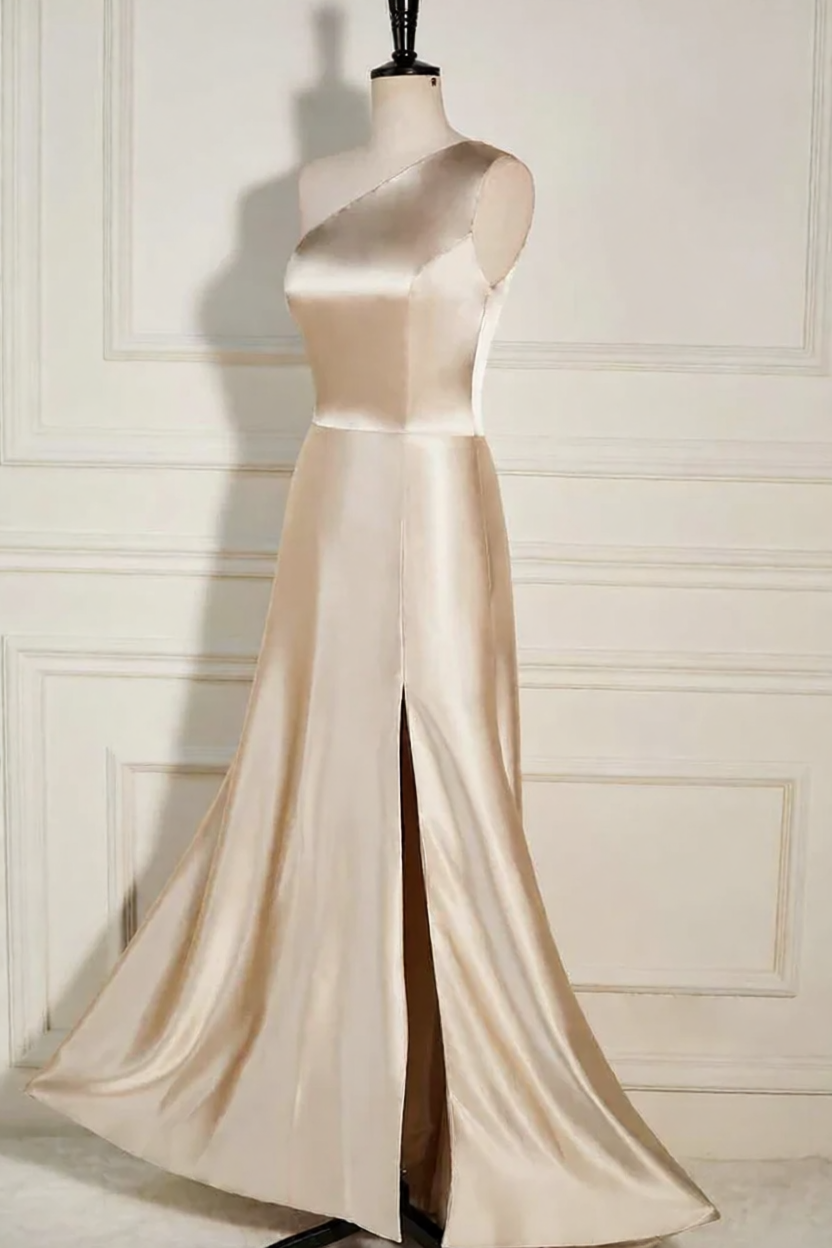 Romantic Champagne  A-Line One-Shoulder Sleeveless Floor-Length Slit Prom Dresses Hot sale