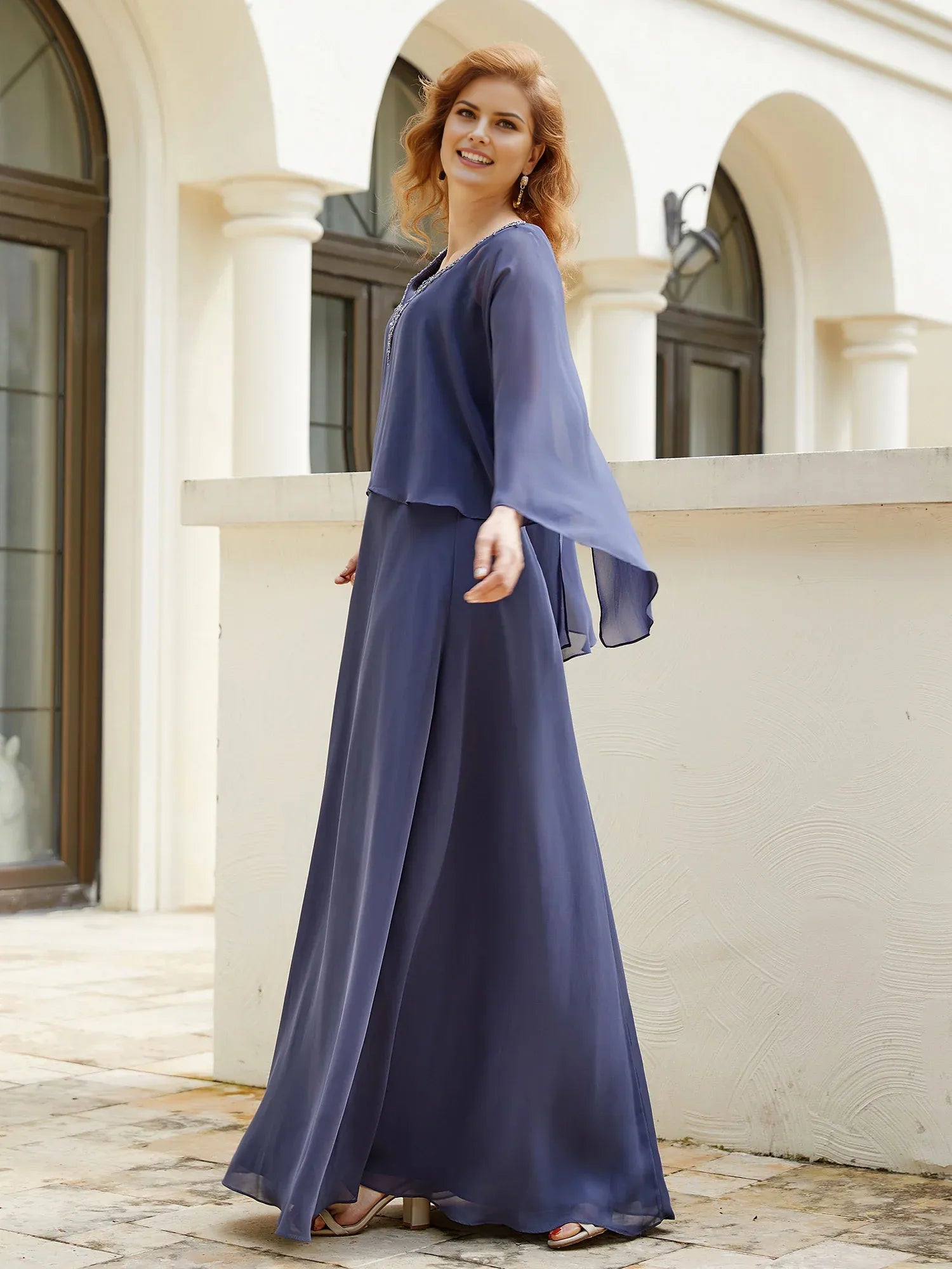 Romantic Chiffon A-Line V-Neck Cape-Sleeve Beaded V Back Back Zip Floor-Length Plus Size Dresses Mother of the Bride Dress Hot Sale