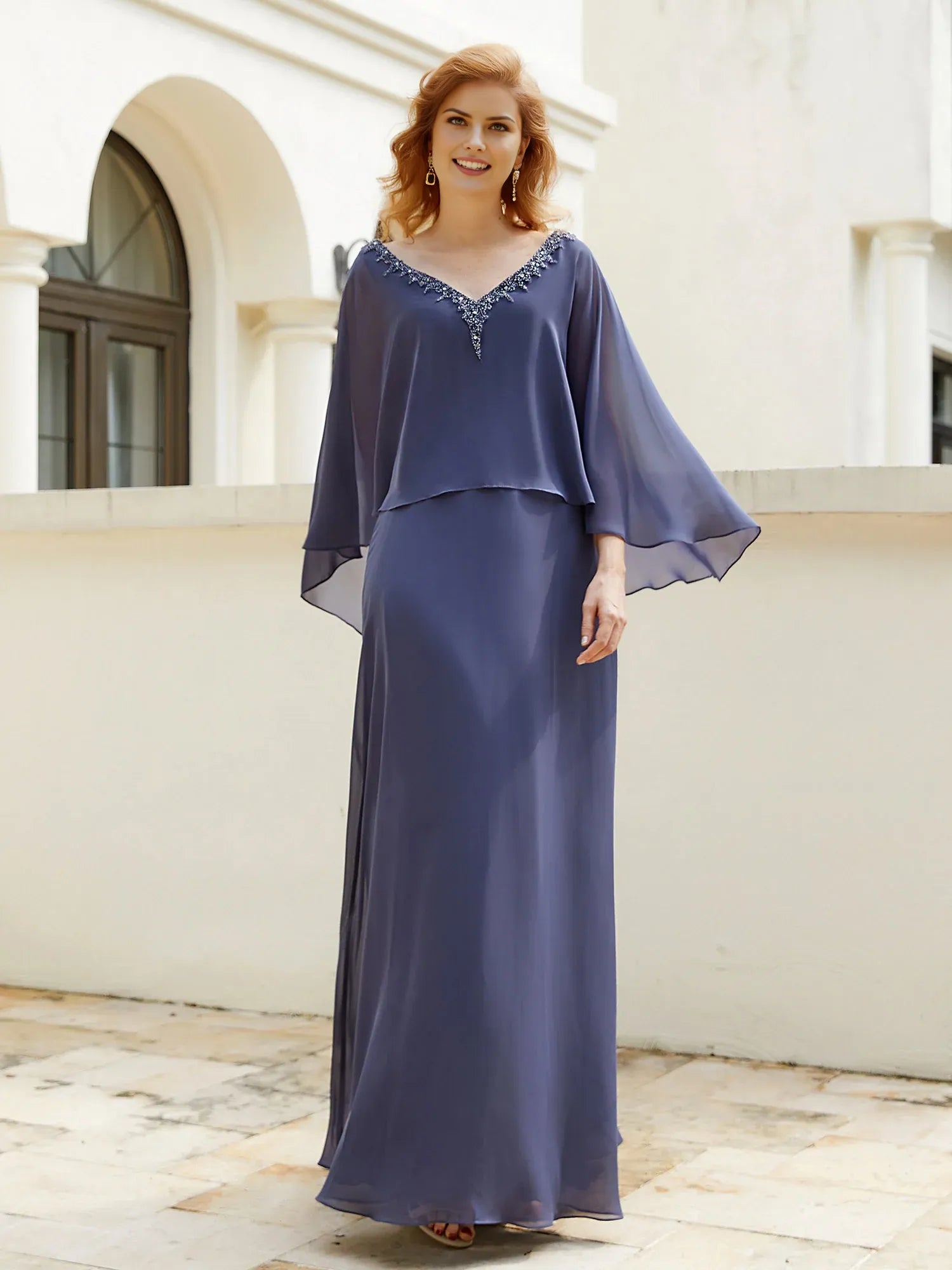 Romantic Chiffon A-Line V-Neck Cape-Sleeve Beaded V Back Back Zip Floor-Length Plus Size Dresses Mother of the Bride Dress Hot Sale