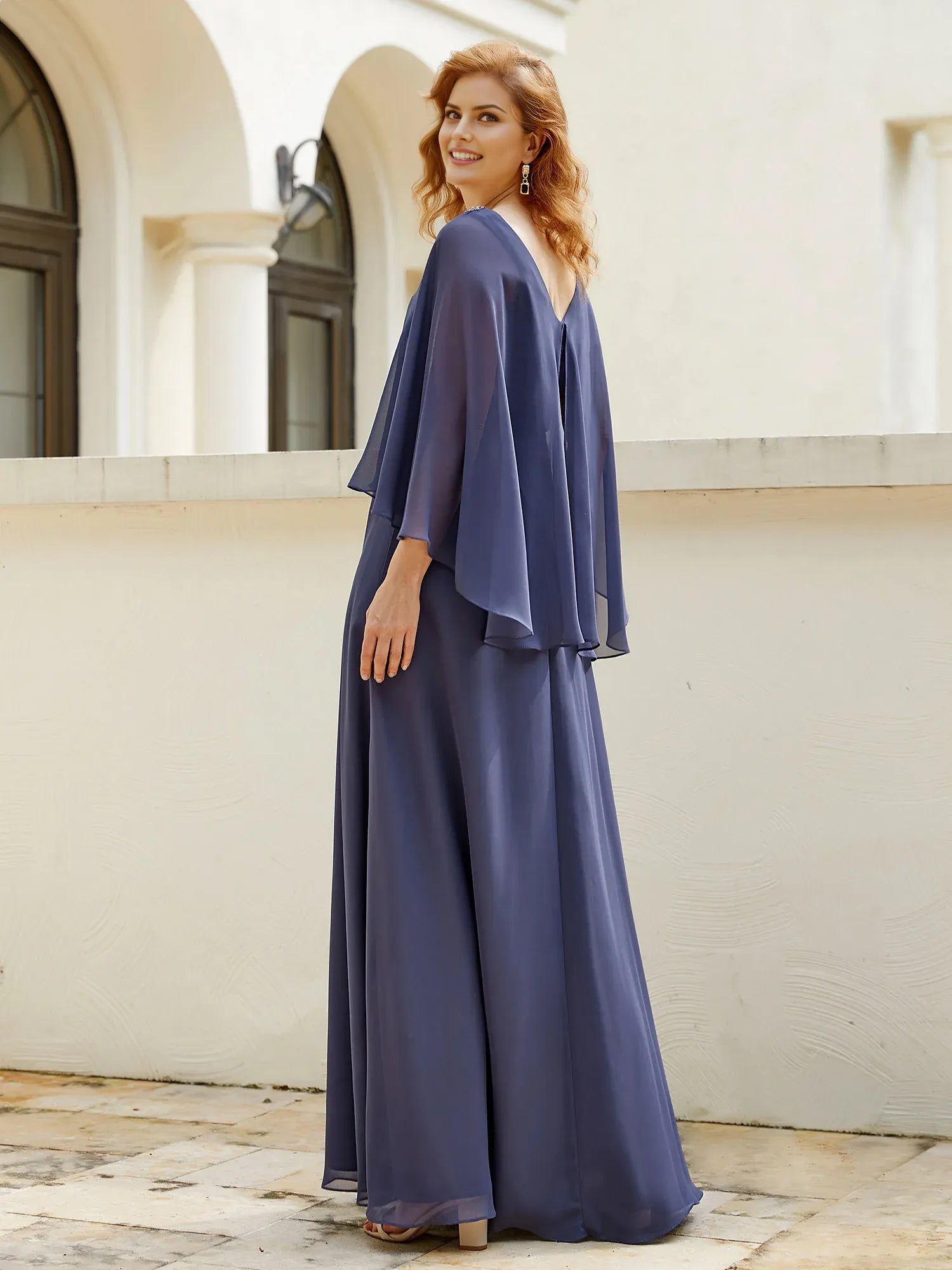 Romantic Chiffon A-Line V-Neck Cape-Sleeve Beaded V Back Back Zip Floor-Length Plus Size Dresses Mother of the Bride Dress Hot Sale
