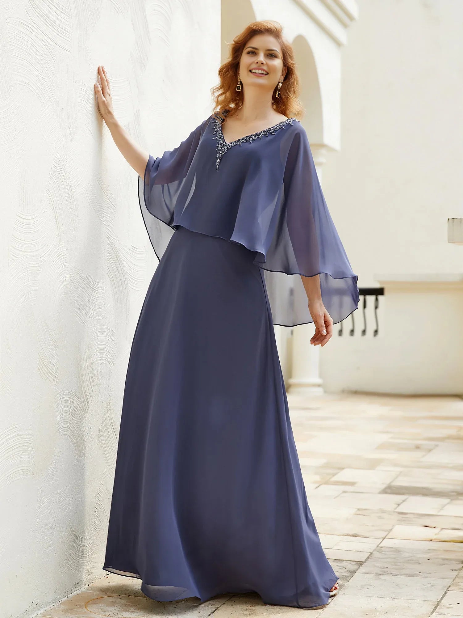 Romantic Chiffon A-Line V-Neck Cape-Sleeve Beaded V Back Back Zip Floor-Length Plus Size Dresses Mother of the Bride Dress Hot Sale