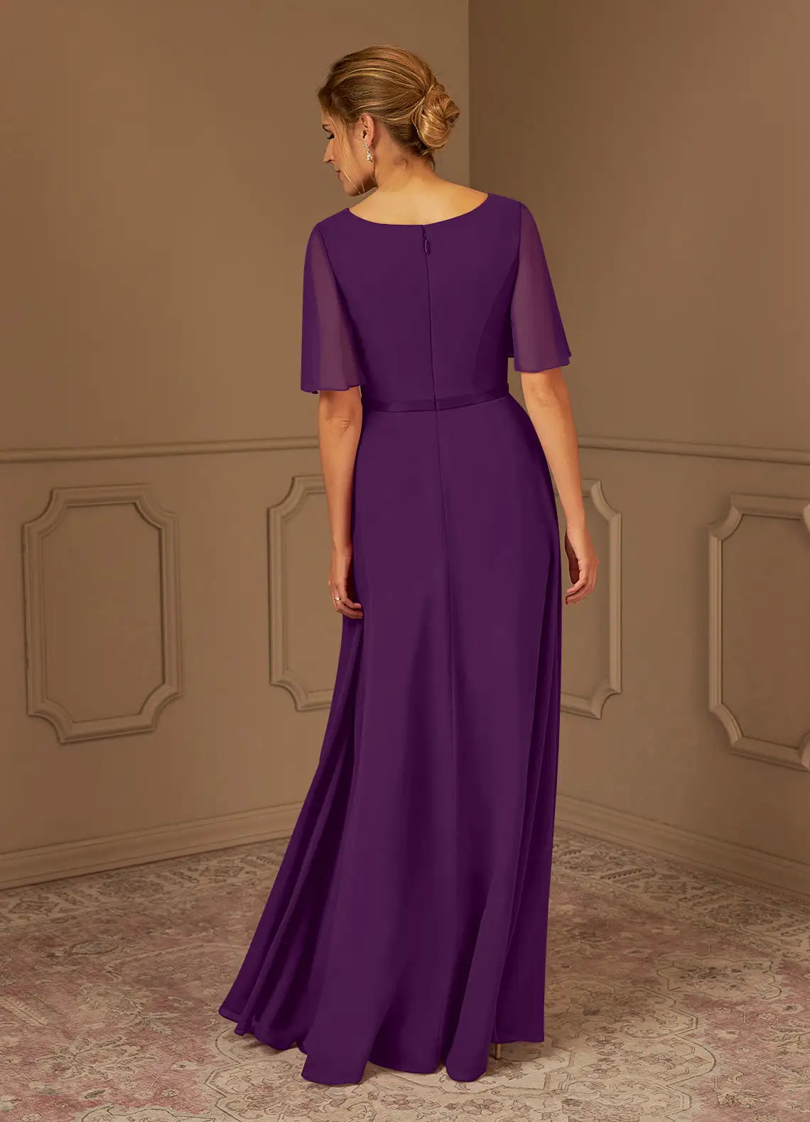 Romantic Grape A-Line V-Neck Flutter-Sleeve Pleated Beaded-Waist Back Zip Floor-Length Mother of the Bride Dress