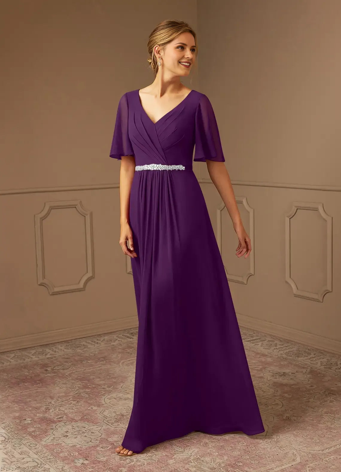 Romantic Grape A-Line V-Neck Flutter-Sleeve Pleated Beaded-Waist Back Zip Floor-Length Mother of the Bride Dress