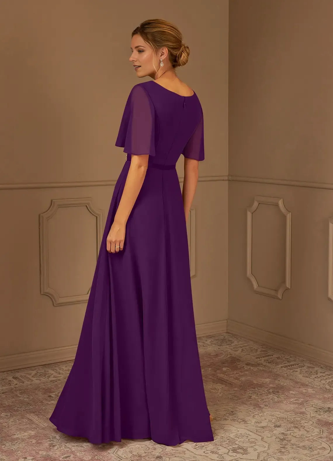 Romantic Grape A-Line V-Neck Flutter-Sleeve Pleated Beaded-Waist Back Zip Floor-Length Mother of the Bride Dress