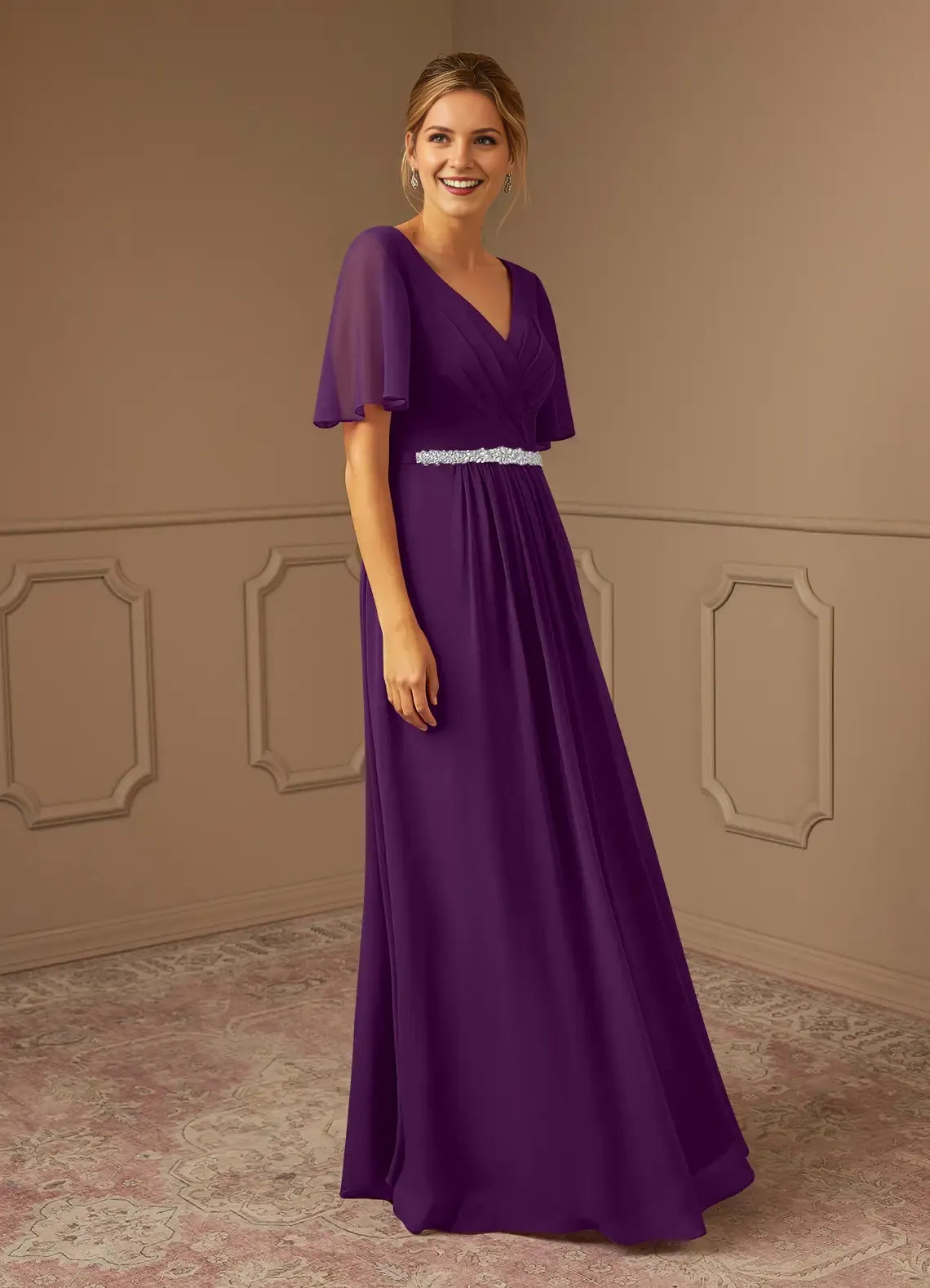 Romantic Grape A-Line V-Neck Flutter-Sleeve Pleated Beaded-Waist Back Zip Floor-Length Mother of the Bride Dress